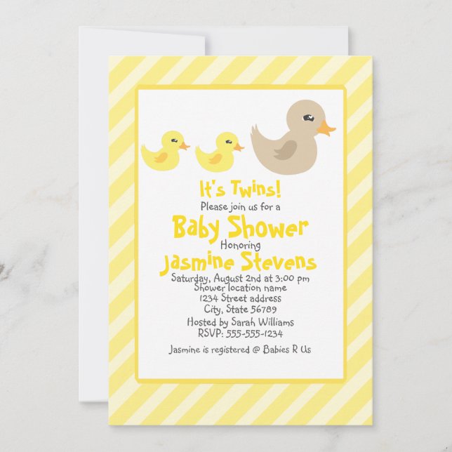 Twins Gender Neutral Duck Striped Baby Shower Invitation (Front)