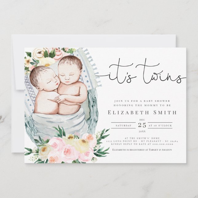 Twins Gender Neutral Watercolor Floral Baby Shower Invitation (Front)