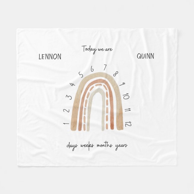 Twins Gender Neutral Watercolor Rainbow Milestone  Fleece Blanket (Front (Horizontal))