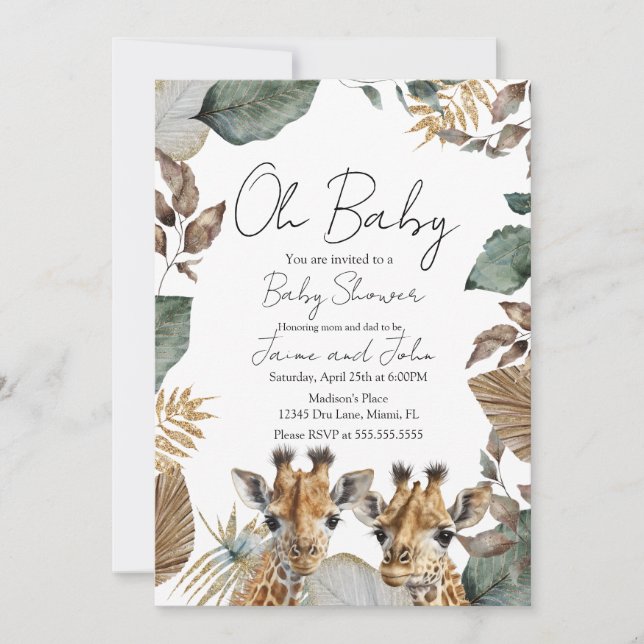 Twins Giraffe Jungle Wild Details Baby Shower Invitation (Front)