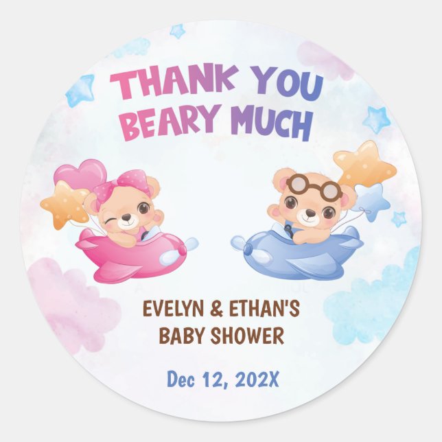 Twins Girl Boy Bear Airplane Baby Shower Classic Round Sticker (Front)