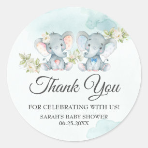 Twins Girl Boy Elephant Baby Shower Birthday Favor Classic Round Sticker