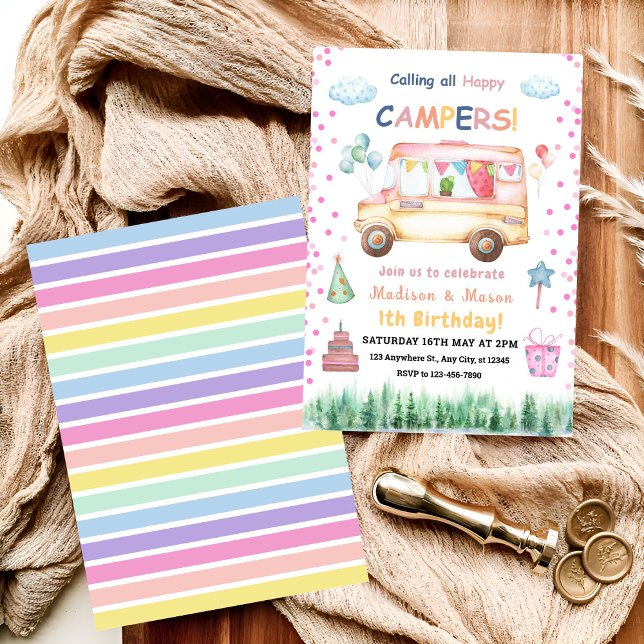 Twins Girl & Boy Happy Camper Birthday Invitation (Creator Uploaded)