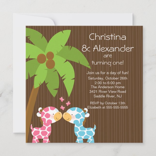 Twins Girl Boy Safari Jungle Giraffe Kid Birthday Invitation (Front)