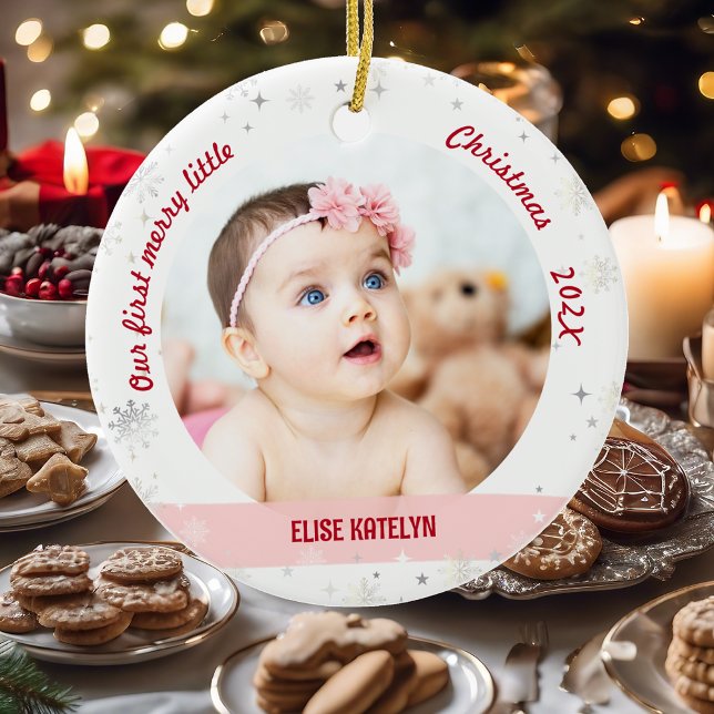Twins Girls 2 Photos First Merry Little Christmas Ceramic Ornament (Modern Elegant Cute Our First Merry Little Christmas Twins Baby Girls 2 Photos Snowflakes Stars Pink)