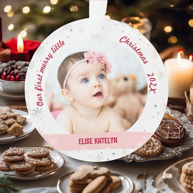 Twins Girls 2 Photos Premier Joyeux Petit Noël (Modern Elegant Cute Our First Merry Little Christmas Twins Baby Girls 2 Photos Snowflakes Stars Pink)
