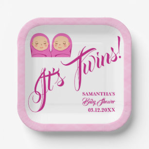 Twins Girls Baby Shower Party Pink. Paper Plate