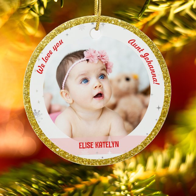 Twins Girls Photos Aunt Cute First Christmas Baby  Ceramic Ornament (Modern Elegant Cute We love you, Aunt! First Christmas Twin Baby Girls 2 Photos Golden Faux Glitter)