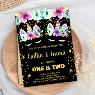 Twins Golden Black Unicorn Invitations Anniversair