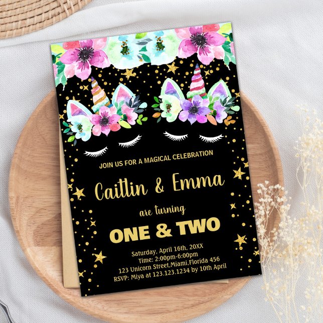 Twins Golden Black Unicorn Invitations Anniversair (Twins Golden Black Unicorn Birthday Invitations)
