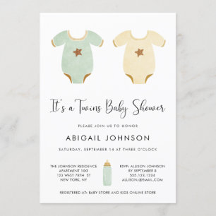 Twins Green Yellow Watercolor Retro Baby Shower Invitation