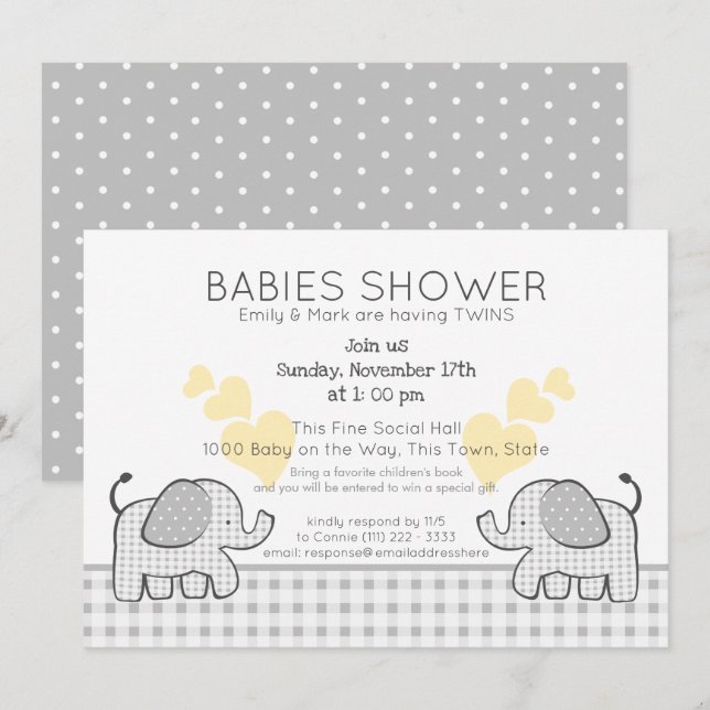 Twins Grey Gingham Baby Shower Invitation (Front/Back)