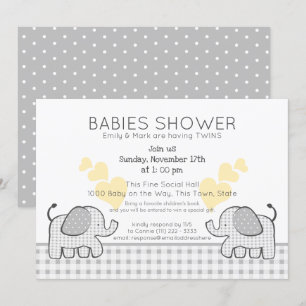 Twins Grey Gingham Baby Shower Invitation