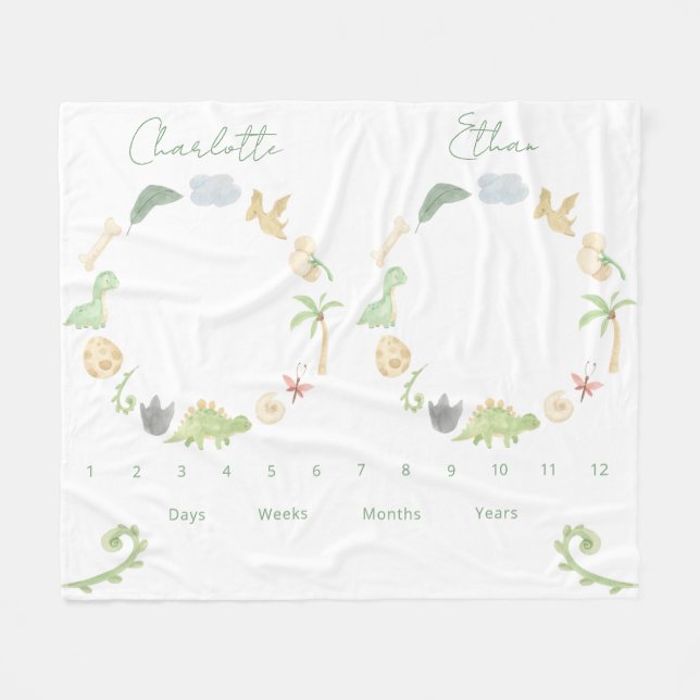 Twins Growth Tracker Gender Neutral Dinosaurs Fleece Blanket (Front (Horizontal))
