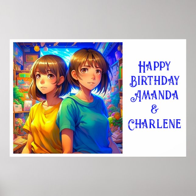Twin's Happy Birthday Banner Anime Themed Poster (Front)