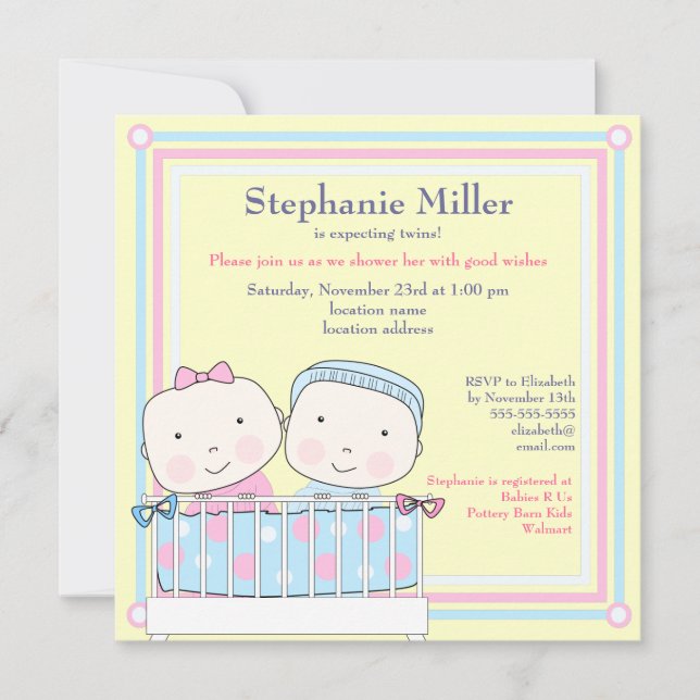 Twins in Crib, Girl and Boy Baby Shower Invitation (Front)