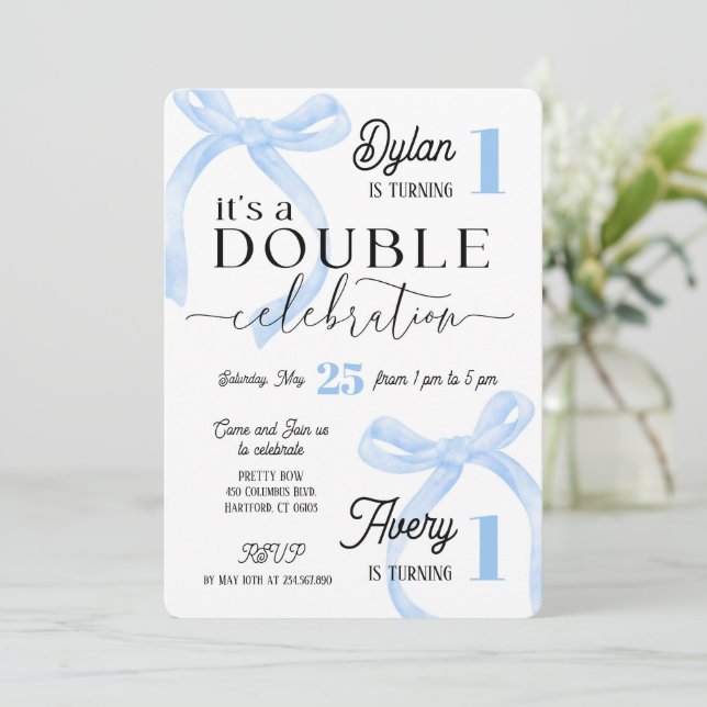 Twins Join Birthday Blue Coquette Invitation (Standing Front)