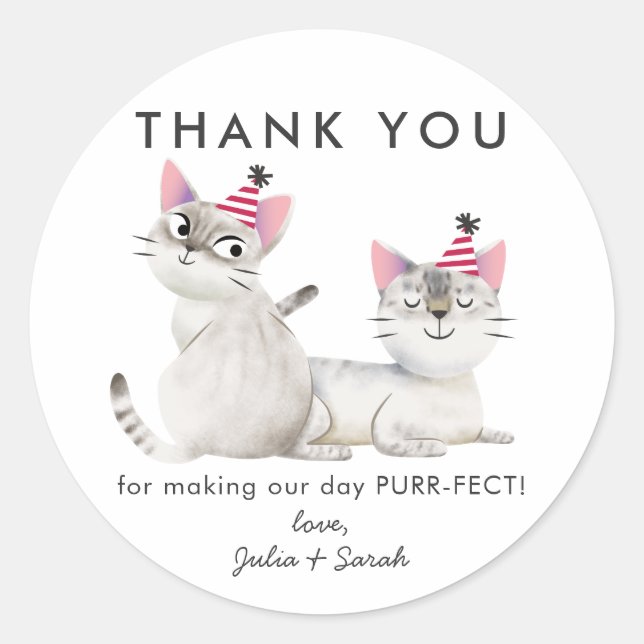 Twins Joint Kitty Cat Birthday Thank You Favour Classic Round Sticker (Front)