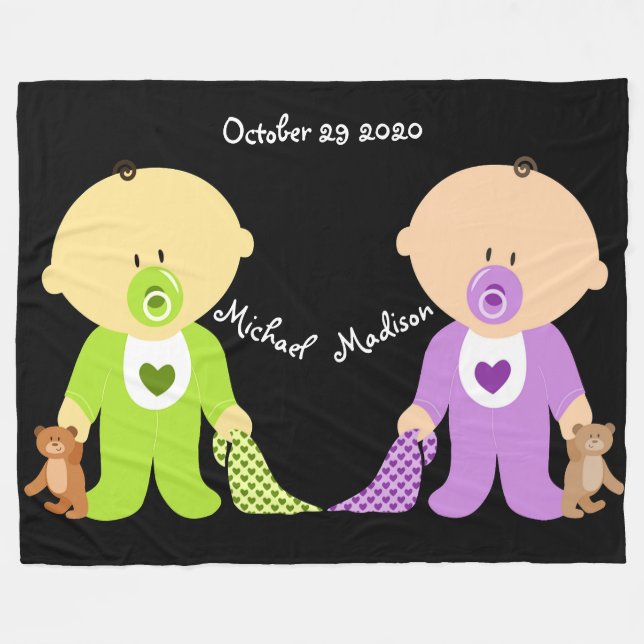 Twins Keepsake Fleece Blanket with both names (Front (Horizontal))