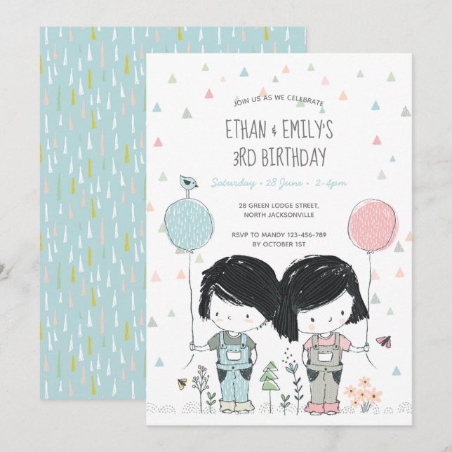 Twins Kids Birthday Invitation whimsical (Front/Back)