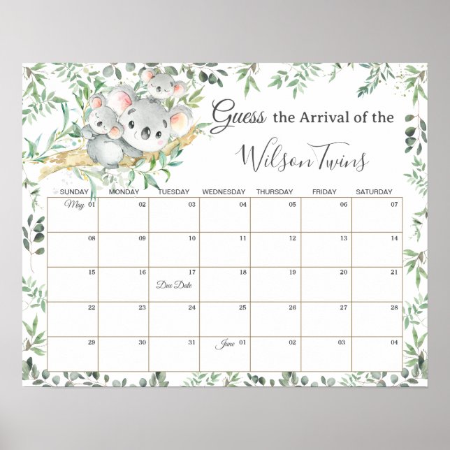 Twins Koalas Greenery Guess Babies' Due Date Game  Poster (Front)