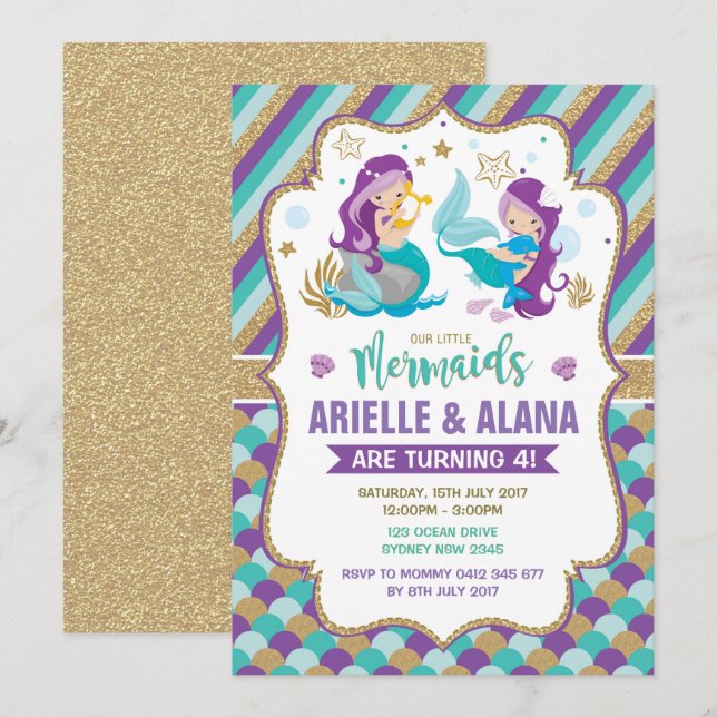Twins Mermaid Birthday Invitation Girls Pool Party (Front/Back)