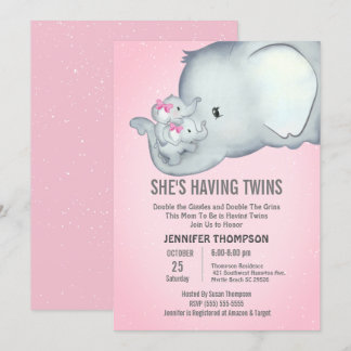 Twins Mommy  Girls Pink Elephant Invitation