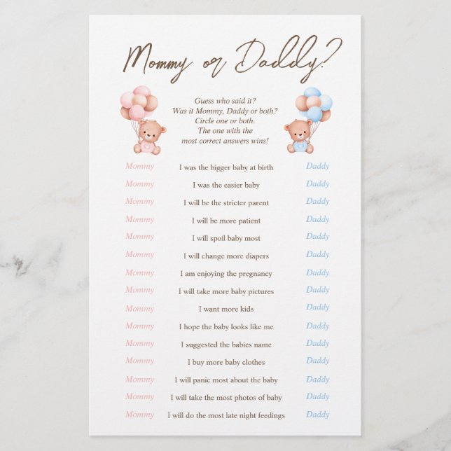 Twins Mommy or Daddy Bear Baby Shower Game Flyer (Front)