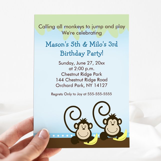 Twins Monkey Birthday  Invitation (Twin Boys Birthday Invitation)