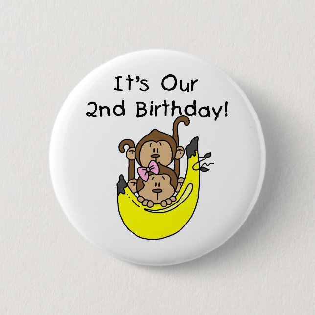 Twins Monkey Boy and Girl 2nd Birthday 2 Inch Round Button (Front)