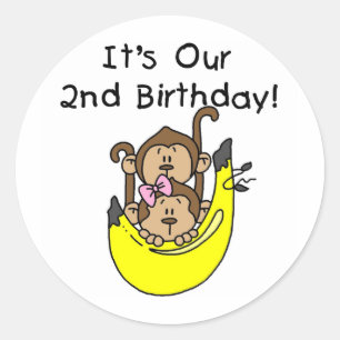 Twins Monkey Boy and Girl 2nd Birthday Classic Round Sticker
