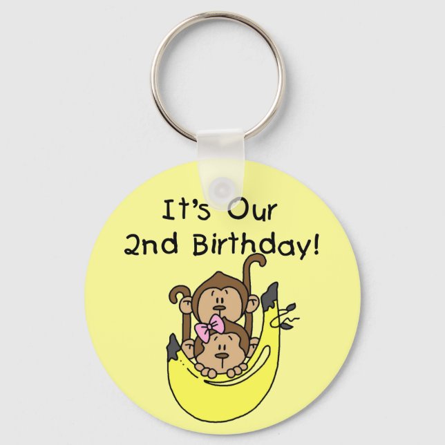 Twins Monkey Boy and Girl 2nd Birthday Keychain (Front)
