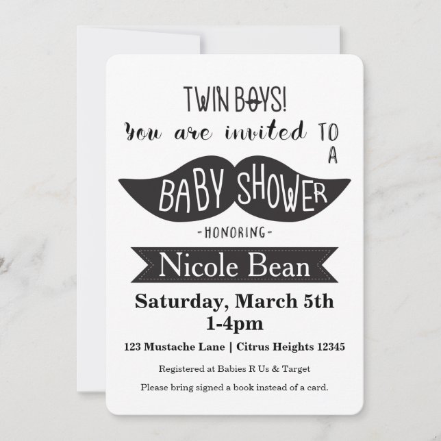 TWINS Moustache Baby Shower Black White Invitation (Front)