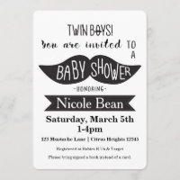 TWINS Moustache Baby Shower Black White Invitation