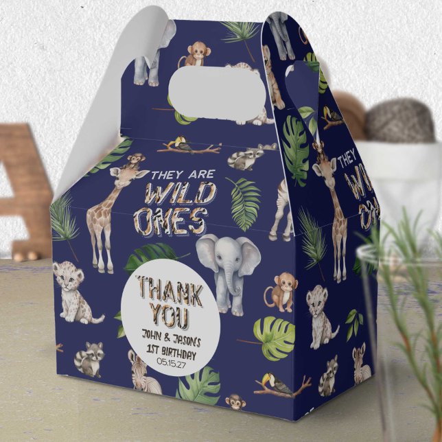 Twins Navy Blue Safari Jungle Themed 1st birthday Favor Box (Twins Navy Blue Baby Boys Wild One themed birthday favor box.)