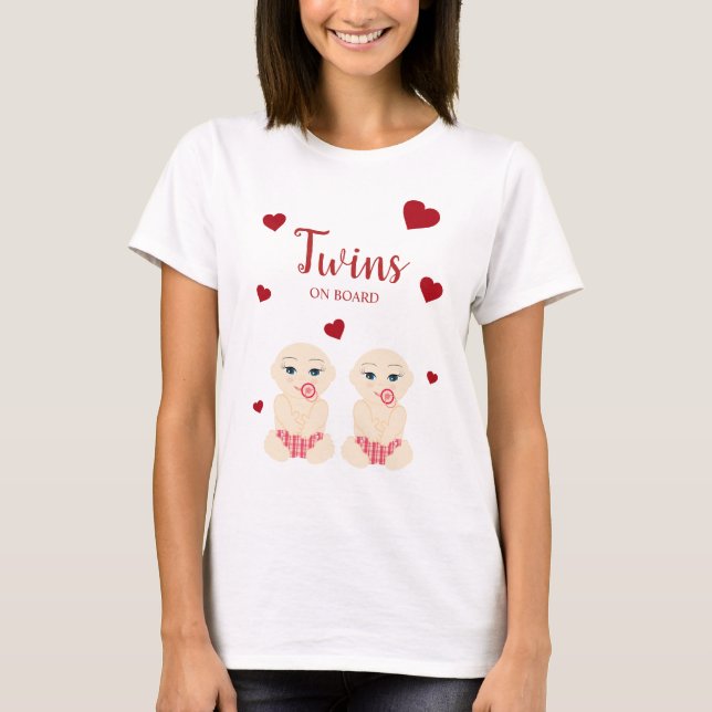 Twins On Board Quote with Red Hearts Design T-Shirt (Front)