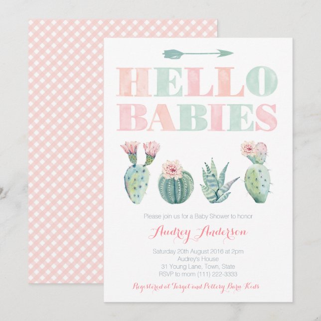 Twins or Joint Baby Shower Party with Succulents Invitation (Front/Back)