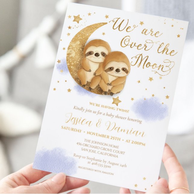 Twins Over the Moon Sloth Gold Blue Baby Shower In Invitation (Creator Uploaded)