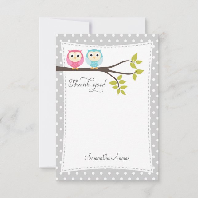 Twins Owls Thank You Card (Grey) (Front)