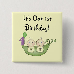 Twins Peas in a Pod  First Birthday 2 Inch Square Button