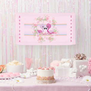 Twins Pink Flamingo Baby Shower Personalized Banner