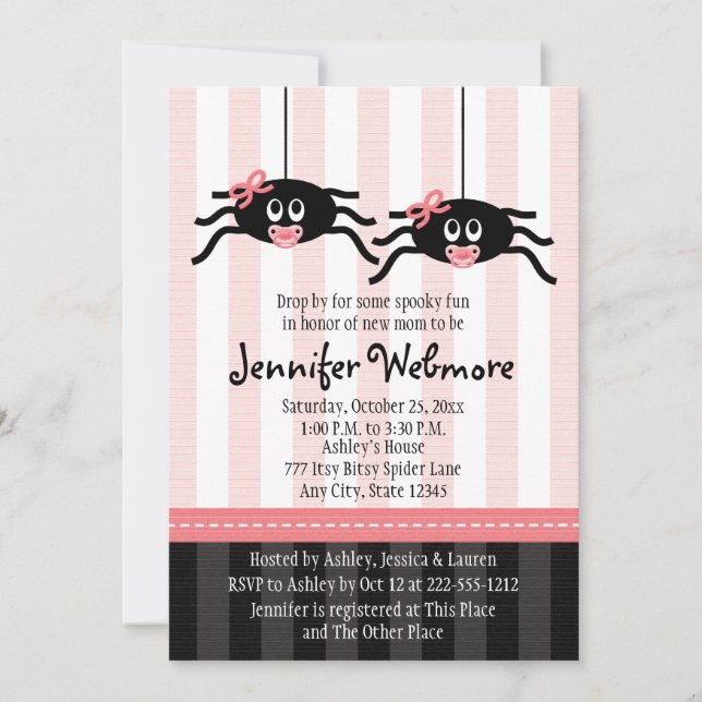 Twins Pink Spider Baby Shower Invitations (Front)