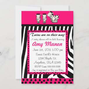 Twins Pink Zebra Print Personalized Baby Shower Invitation