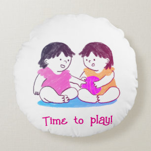 Twins Playing Round Pillow