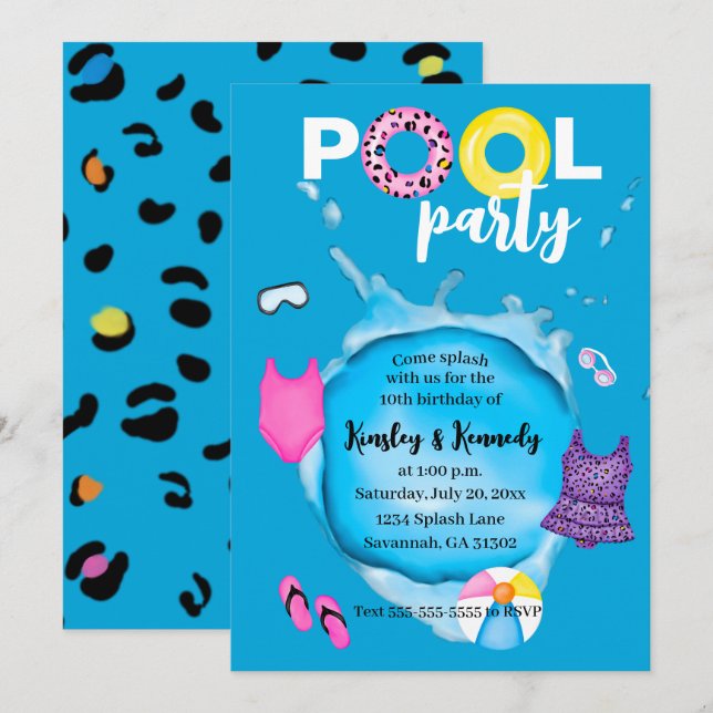 Twins Pool Party Birthday Splash Leopard Swimsuit Invitation (Front/Back)