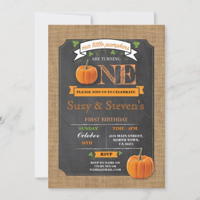 Twins Pumpkin 1st First One Birthday Party Invite (Front)