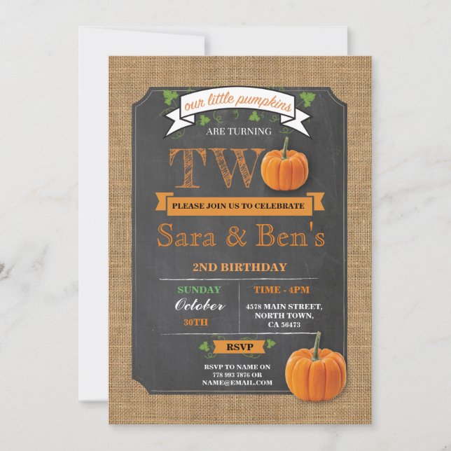 Twins Pumpkin 2nd Second Two Birthday Party Invite (Front)