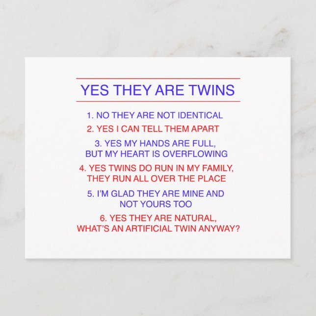 Twins Questions Fraternal Postcard (Front)
