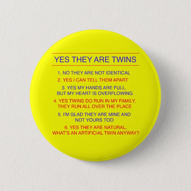 Twins Questions Fraternal Yellow 2 Inch Round Button (Front)