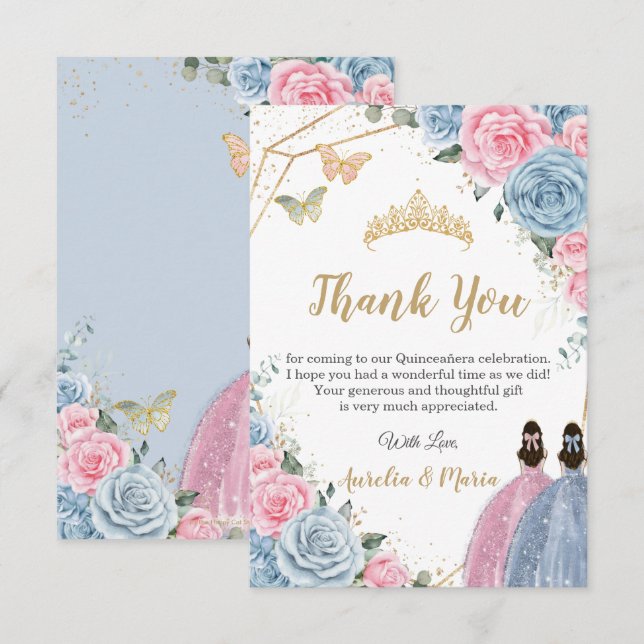 Twins Quinceañera Baby Blue Pink Floral Princesses Thank You Card (Front/Back)